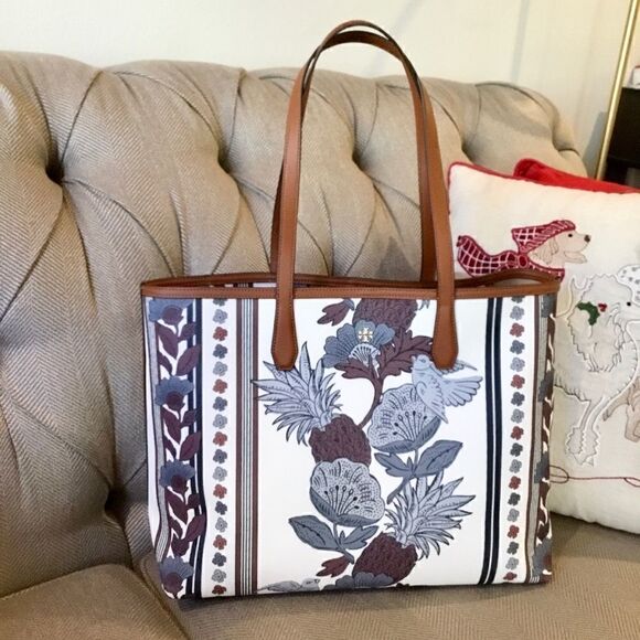 TORY BURCH FLORAL WINE PERRY LARGE TOTE LAPTOP TRAVEL HANDBAG WORK VACAT… - Picture 2 of 7